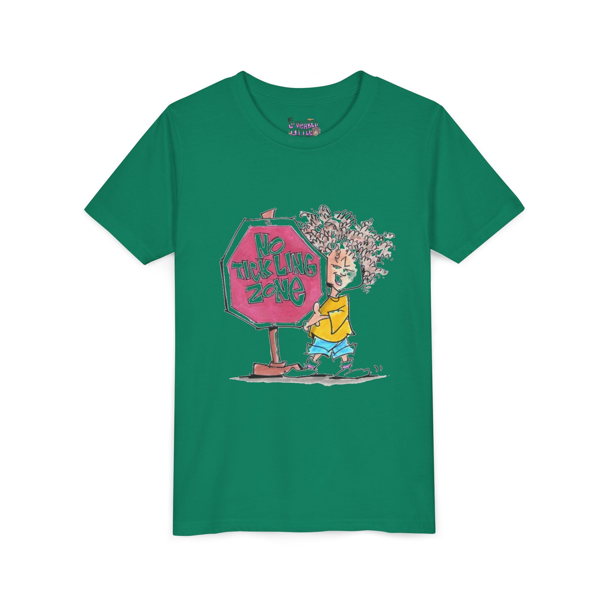 No Tickling Zone youth tee | Kid cartoon sign illustration