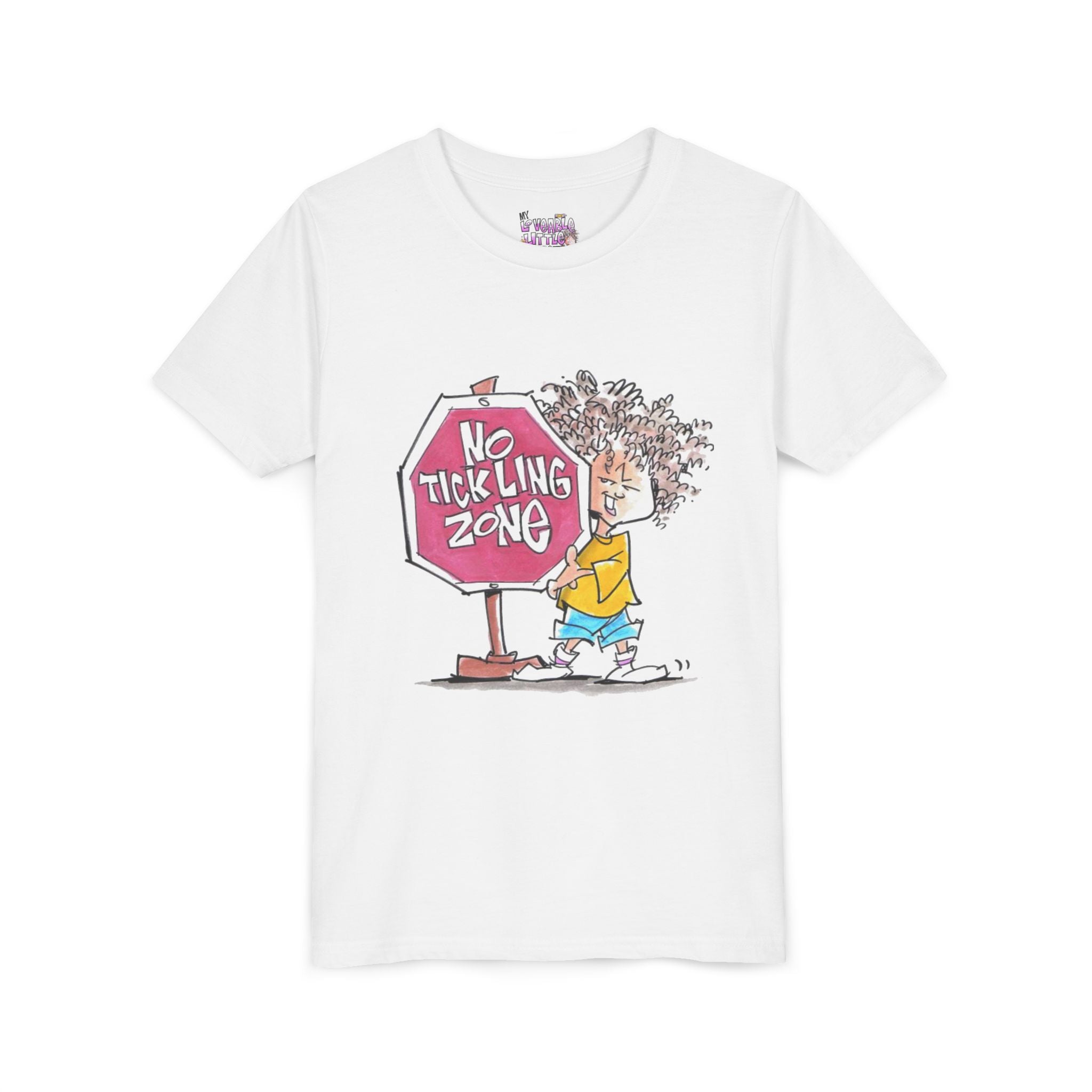 No Tickling Zone youth tee | Kid cartoon sign illustration